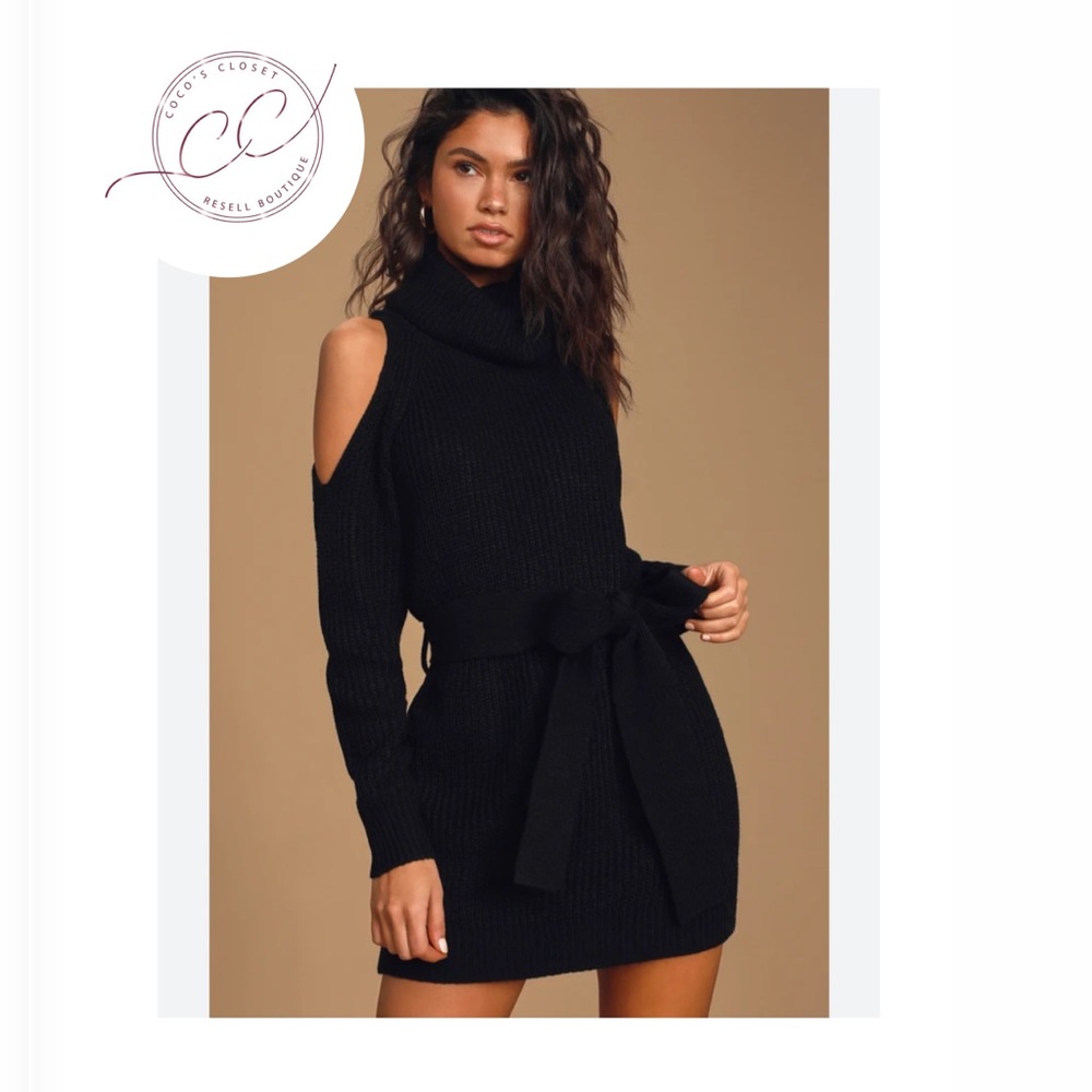 NWT• Lulus Sweet Demeanor Black Turtleneck Cold-Shoulder Sweater Dress